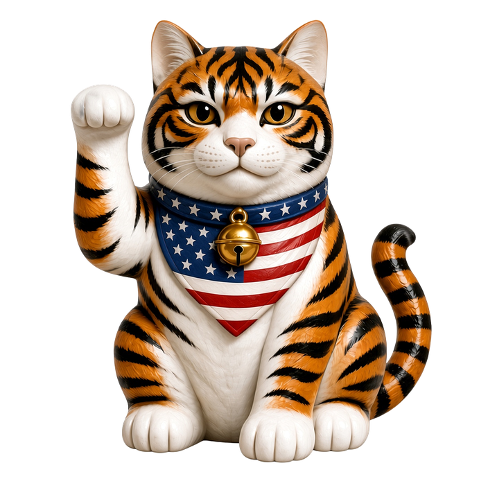 Tiger beckoning cat with American-flag bib